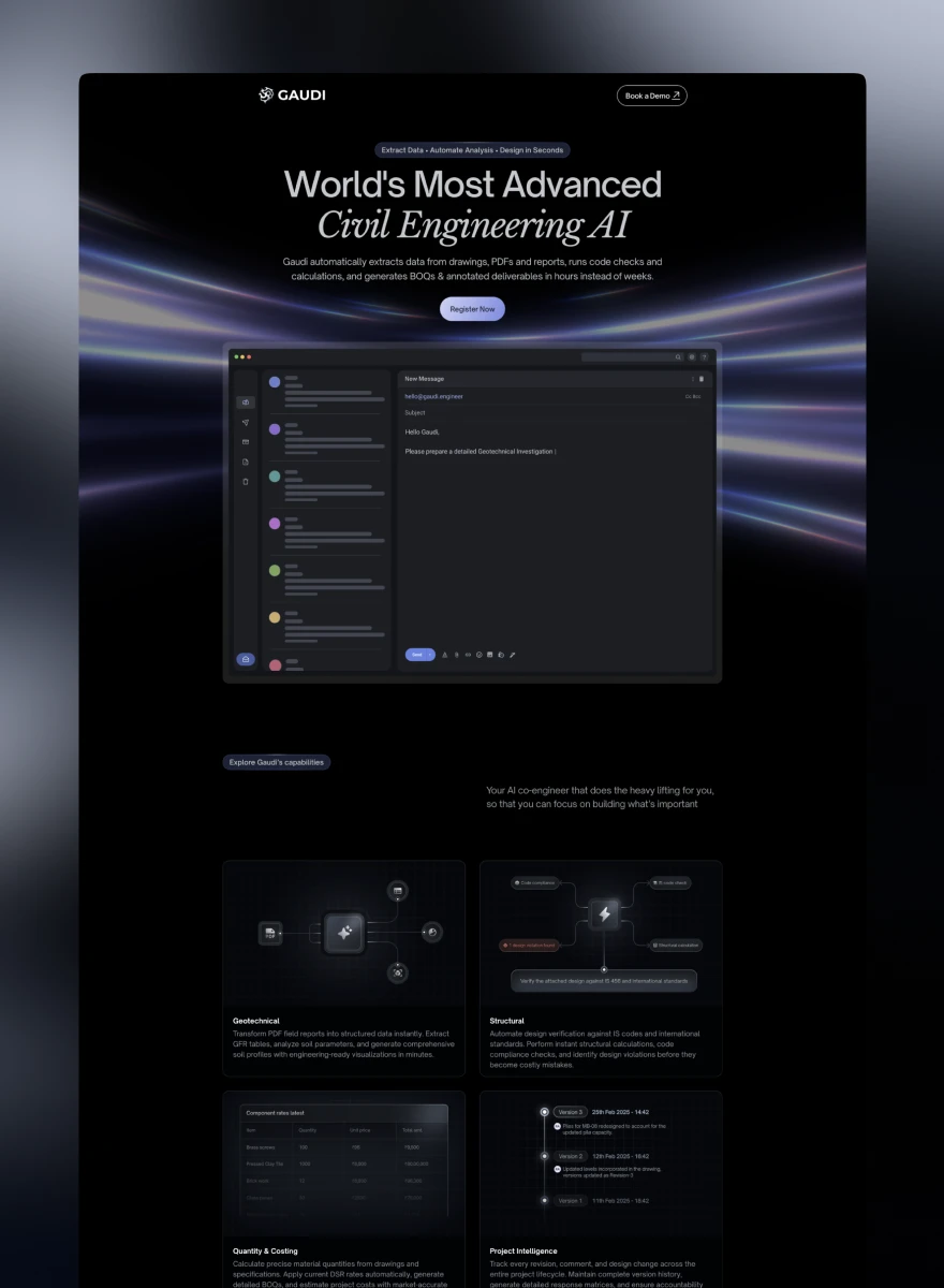 Gaudi Engineer Framer landing page, hero to feature sections