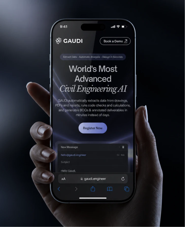 Gaudi Engineer landing page shown on a phone