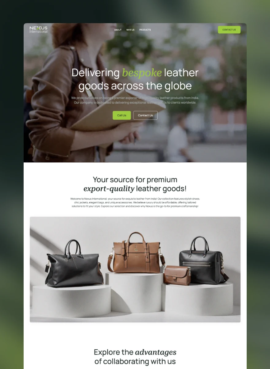 Nexus International full website design, with the leather-goods catalogue